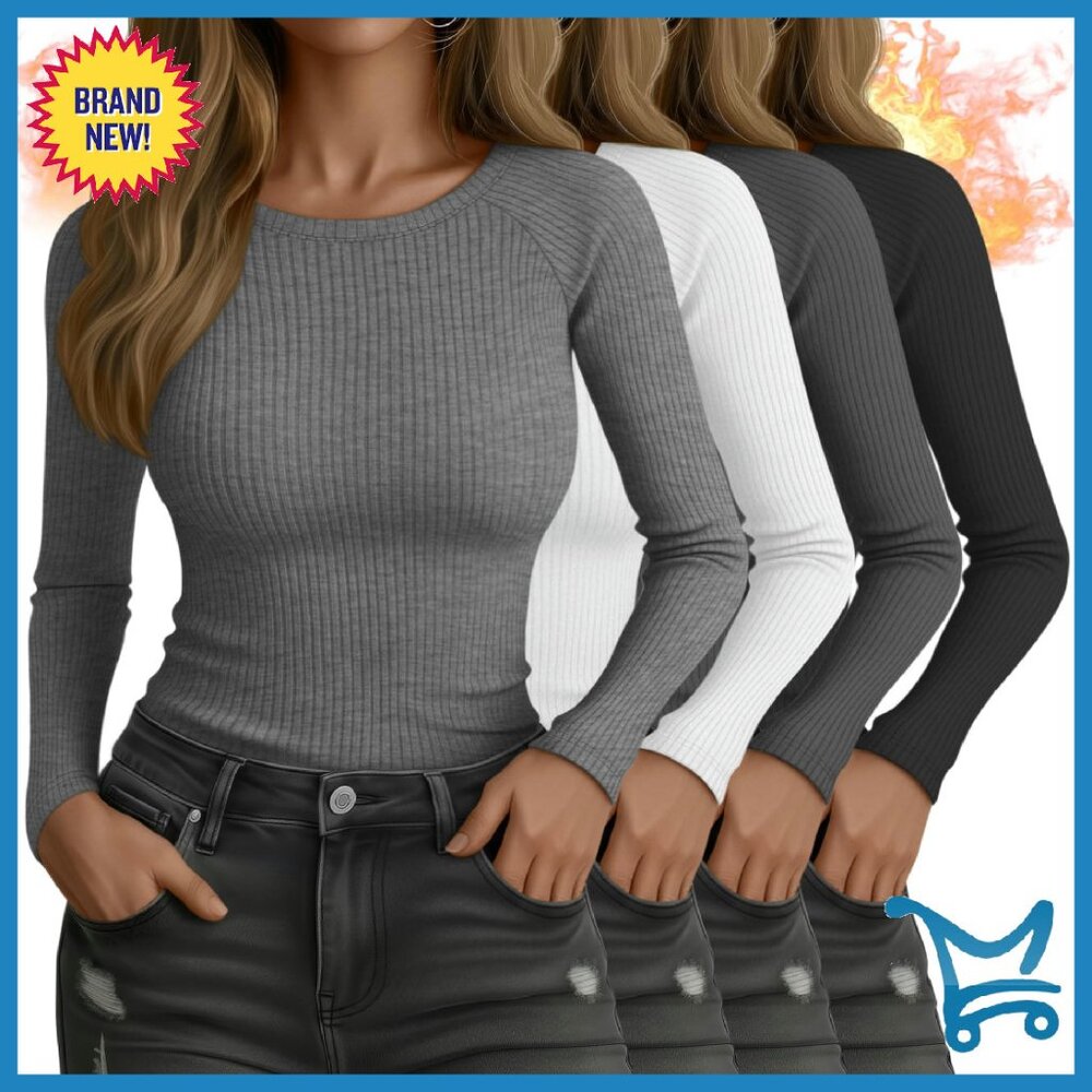 4 Pack Slim Fit Ribbed Long Sleeve Cotton Tees Thermal Layering Tops
